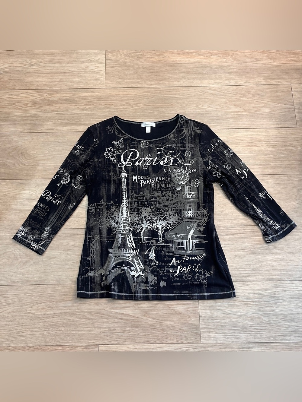 Y2K Paris Graphic Top Black 3/4 Sleeve Eiffel Tower Shirt Indie Grunge